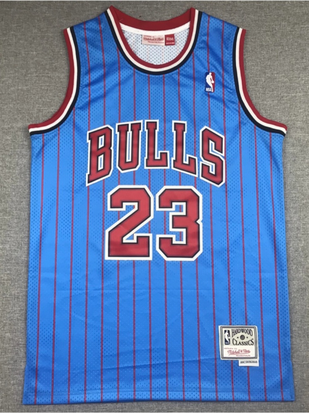 Mitchell & Ness Chicago Bulls #23 Blue and Red Pinstripe Jersey